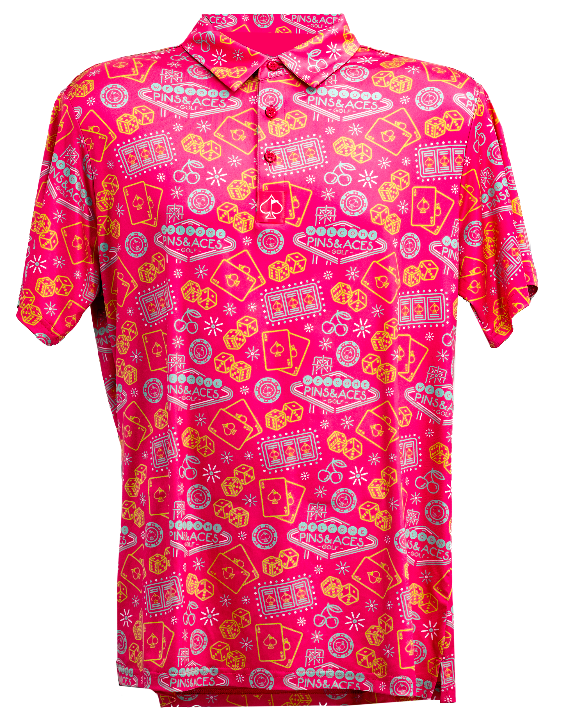 Men’s Big Ace Fuchsia golf polo by Pins & Aces featuring a bright pink casino print with playing cards, dice, poker chips, slot machines, and an athletic performance fit.