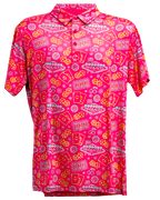 Men’s Big Ace Fuchsia golf polo by Pins & Aces featuring a bright pink casino print with playing cards, dice, poker chips, slot machines, and an athletic performance fit.