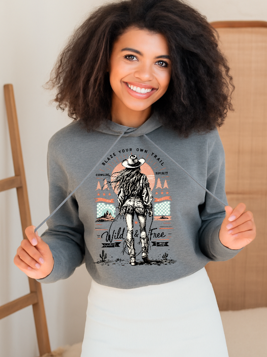 Women’s Blaze Your Own Trail Western graphic tee featuring an original Willow Boutique cowgirl design on a relaxed-fit Comfort Colors® 100% cotton Cropped hoodie in Grey