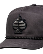 Heritage Charcoal rope golf hat by Pins & Aces featuring a low-profile 5-panel design, classic rope accent, adjustable snapback, and built-in magnetic golf ball marker holder.