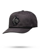 Heritage Charcoal rope golf hat by Pins & Aces featuring a low-profile 5-panel design, classic rope accent, adjustable snapback, and built-in magnetic golf ball marker holder.