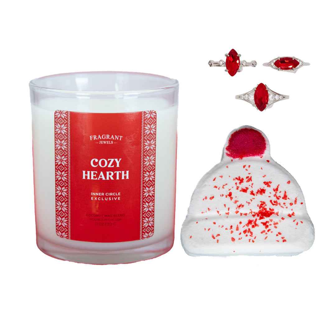 Cozy Hearth Candle & Bath Bomb Gift Set with Hidden Rings | Fragrant Jewels Self-Care Collection