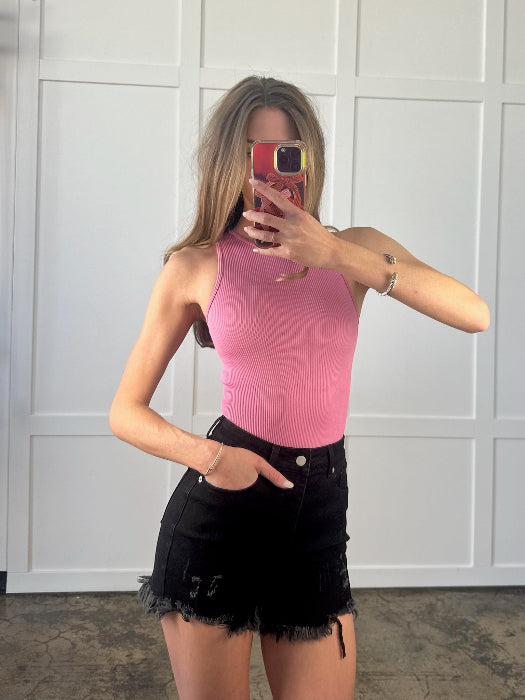 On The Go Distressed Shorts - Black | Women's High Rise Denim Shorts