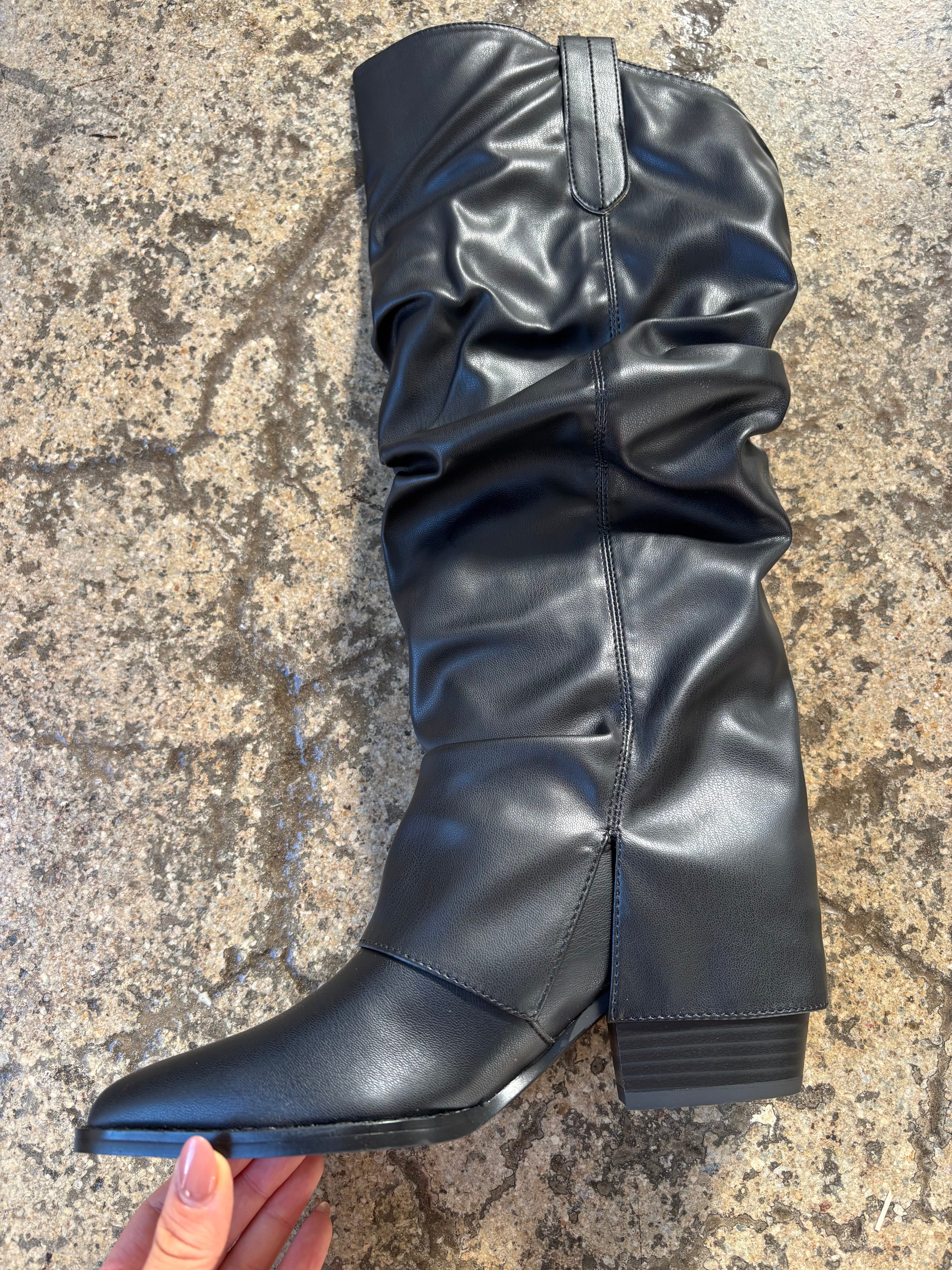 Thea Black Slouchy Heeled Boots – Mid-Calf Faux Leather Boots