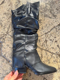 Thea Black Slouchy Heeled Boots – Mid-Calf Faux Leather Boots