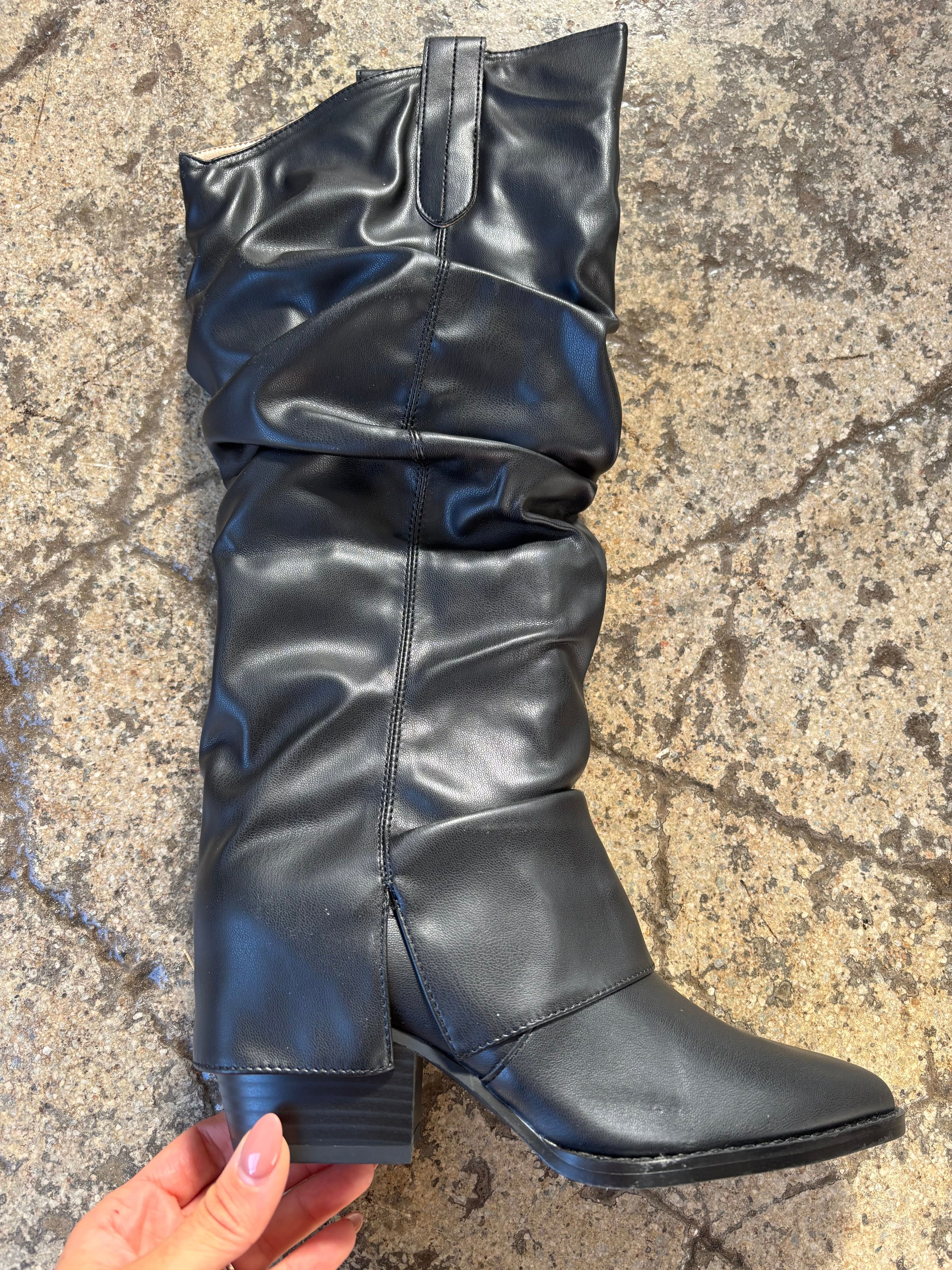 Thea Black Slouchy Heeled Boots – Mid-Calf Faux Leather Boots