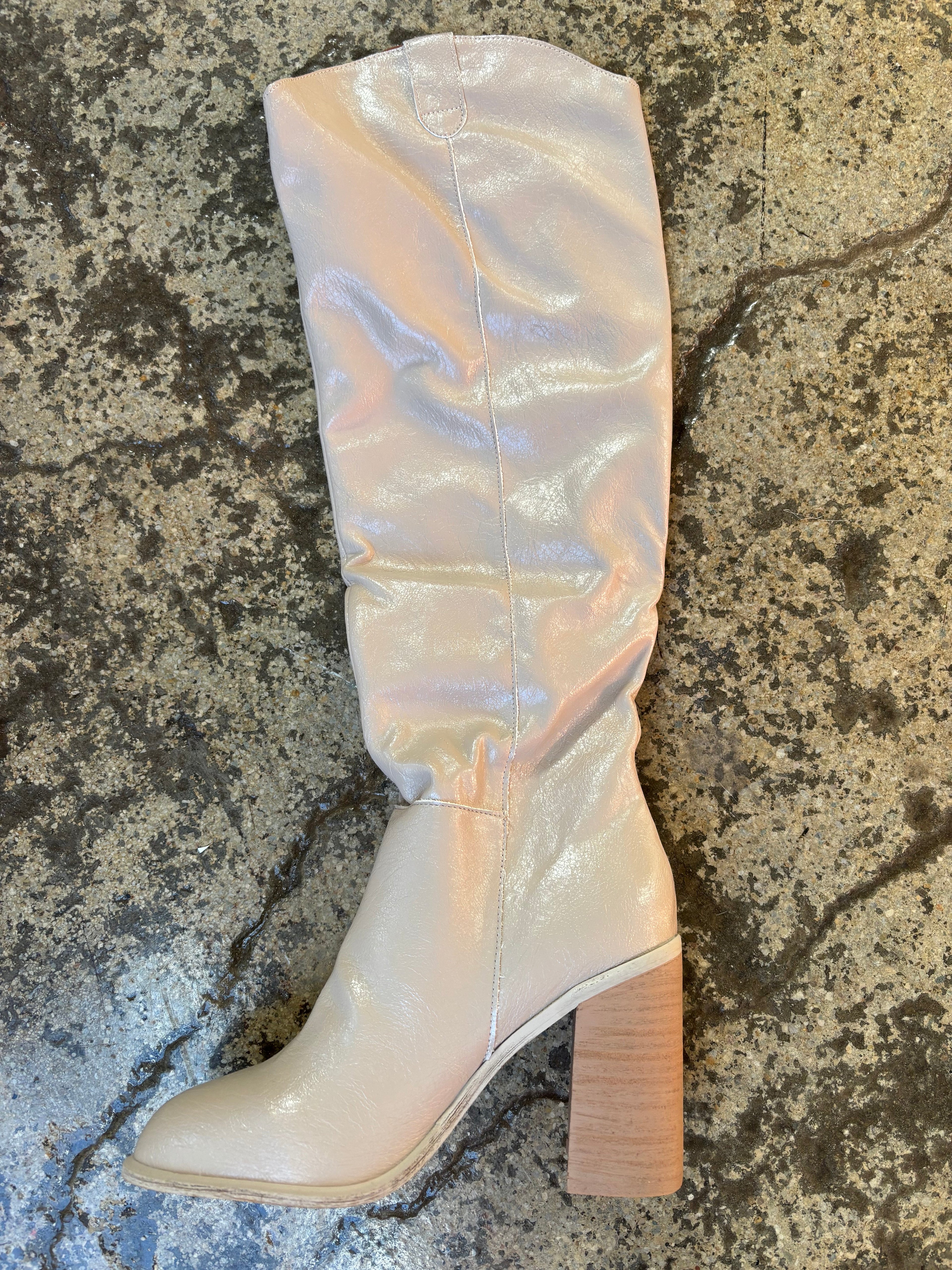 Stephanie Taupe Knee High Platform Boots – Faux Leather Heels