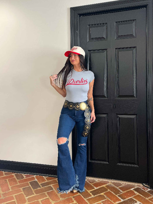 Farrah Denim Distressed High Waisted Flares – Medium Wash