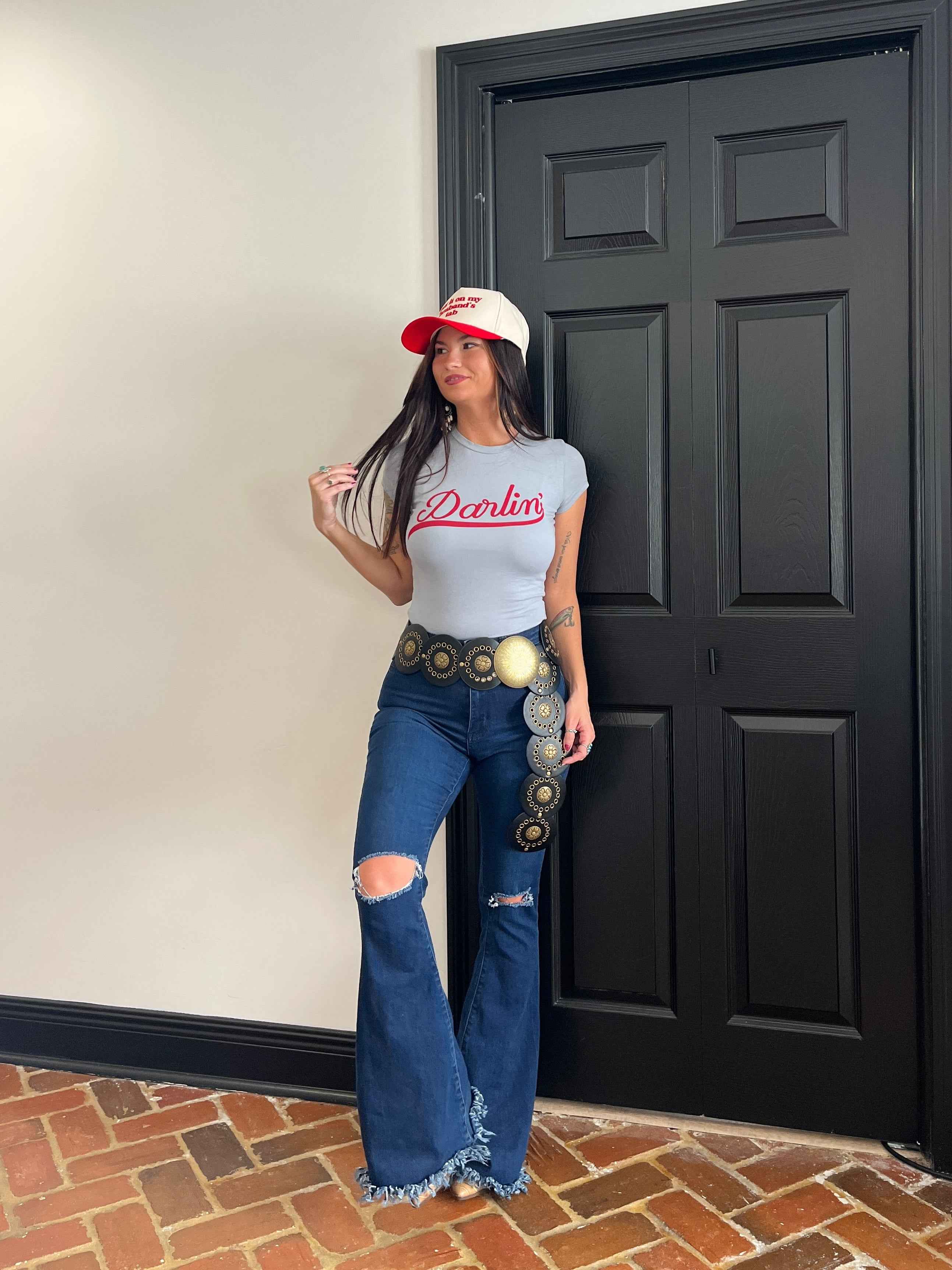 Farrah Denim Distressed High Waisted Flares – Medium Wash