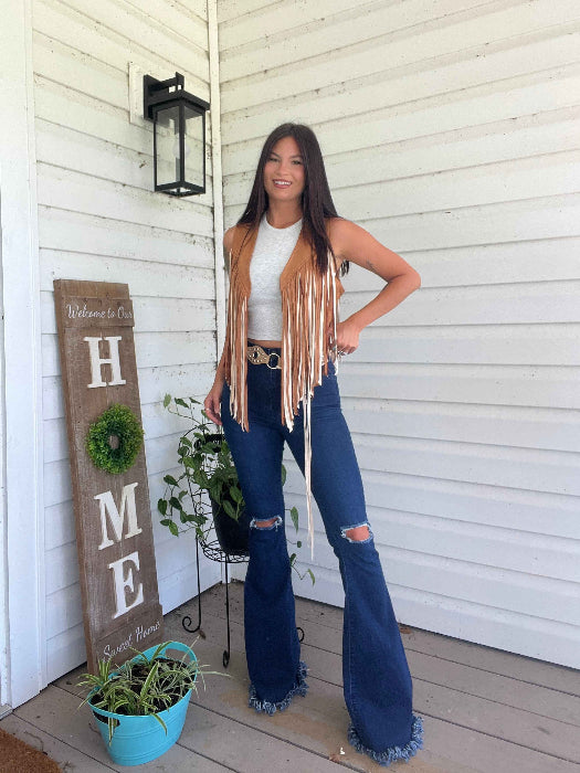 Farrah Denim Distressed High Waisted Flares – Medium Wash