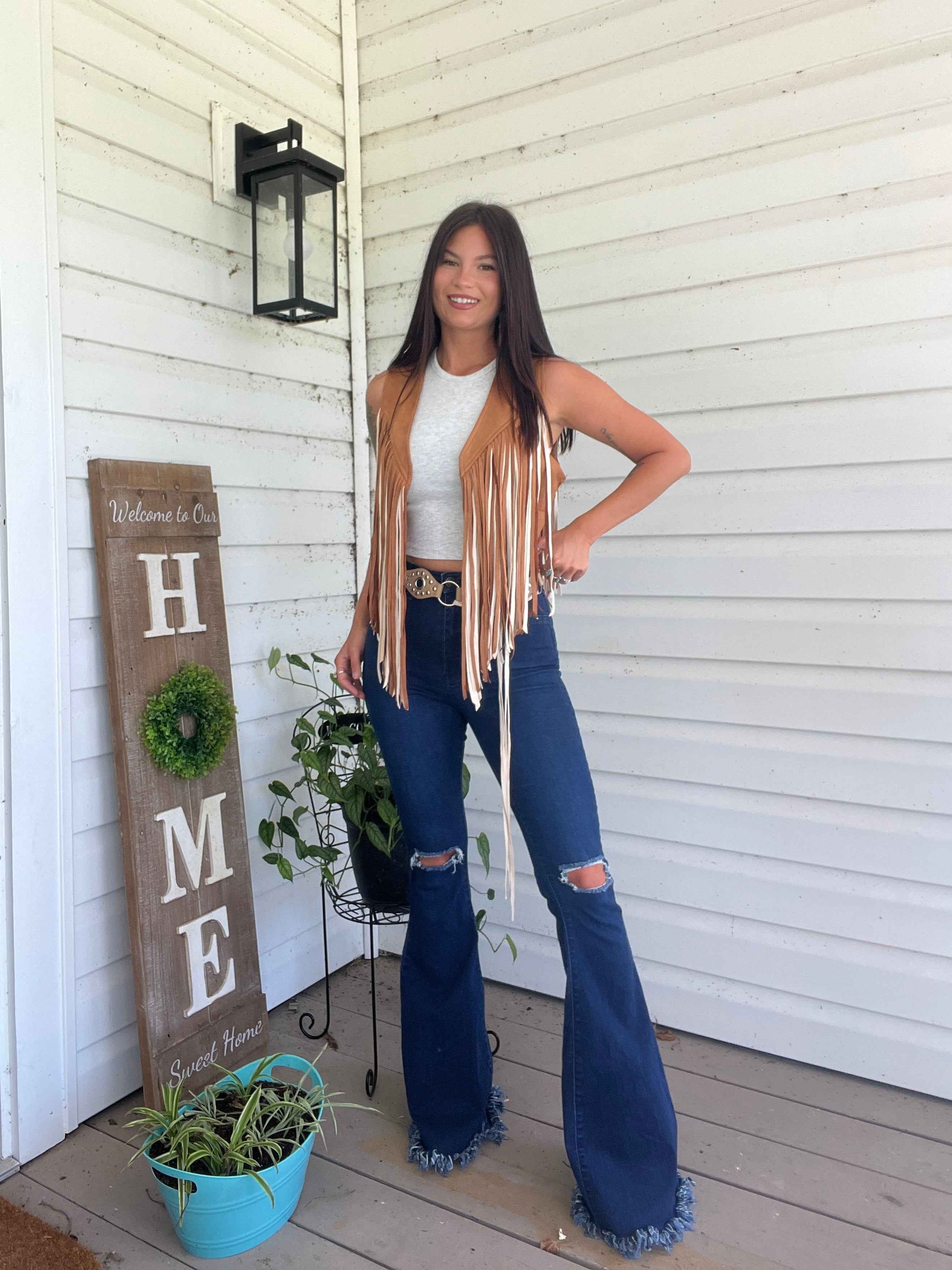 Farrah Denim Distressed High Waisted Flares – Medium Wash