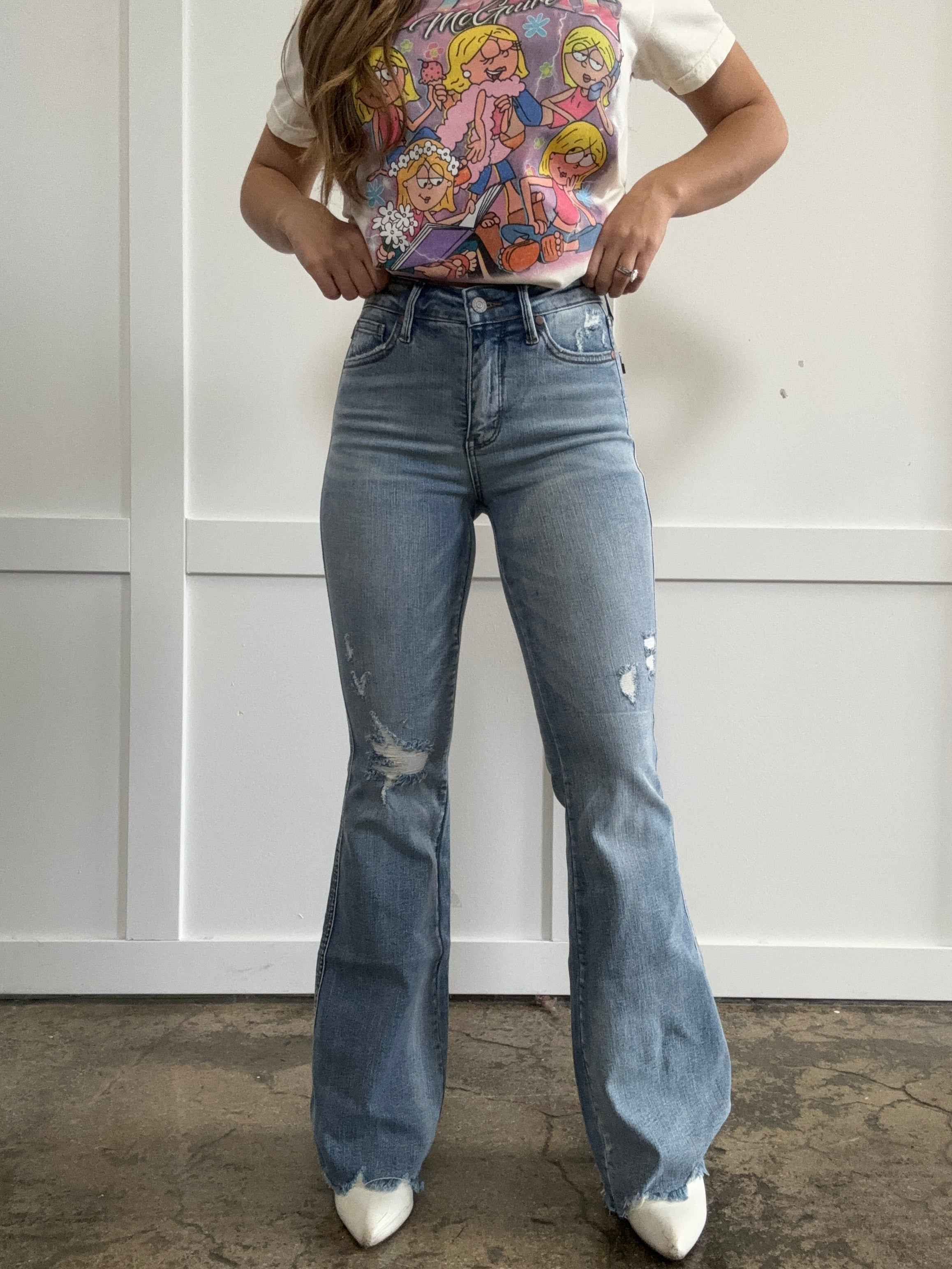 Viral Cindy High Rise Tummy Control Destroy Flare Jeans – Distressed Denim