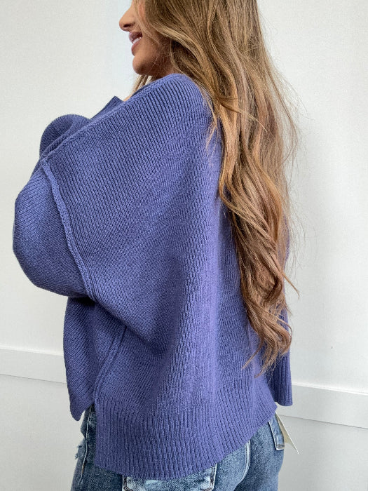 Golden Hour Lantern Sleeve Sweater in Cobald Blue