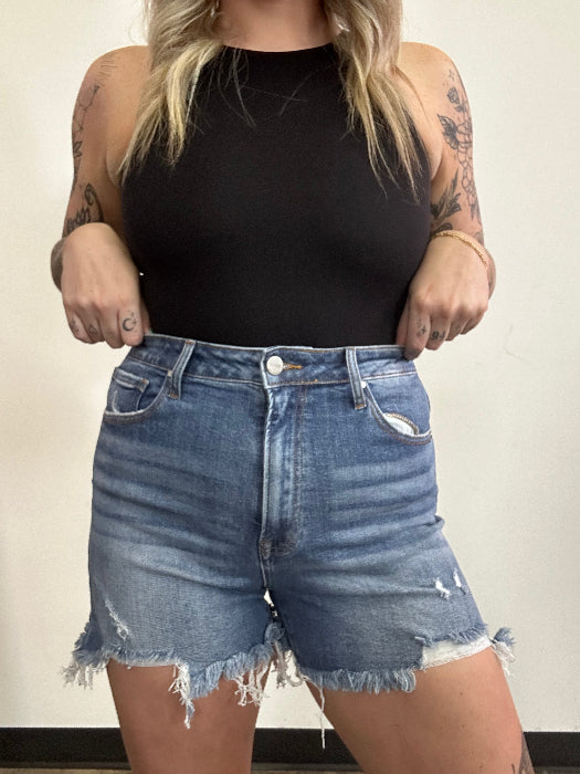 On The Go Medium Wash Distressed Shorts – High Rise