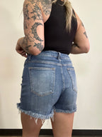 On The Go Medium Wash Distressed Shorts – High Rise