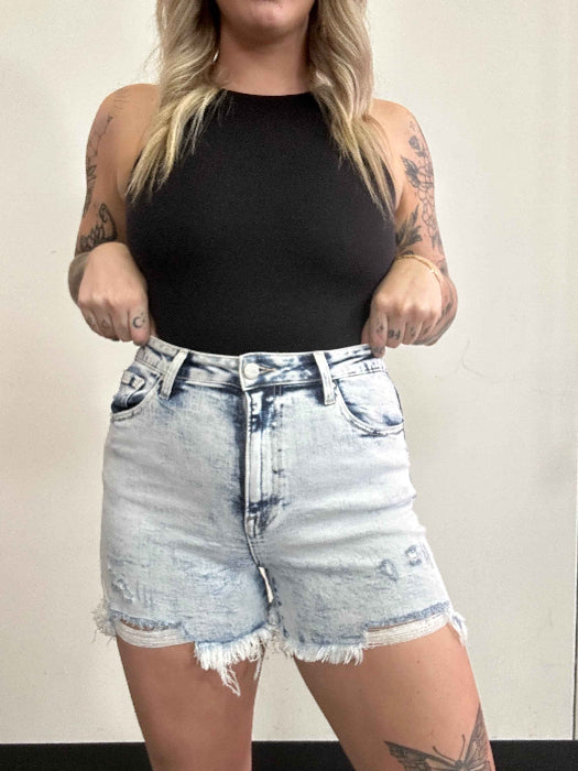On The Go Distressed Shorts – Acid Light Wash High Rise Denim Shorts