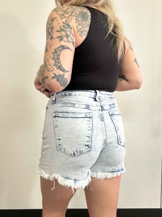 On The Go Distressed Shorts – Acid Light Wash High Rise Denim Shorts