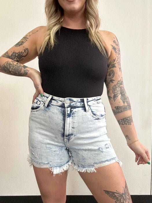 On The Go Distressed Shorts – Acid Light Wash High Rise Denim Shorts