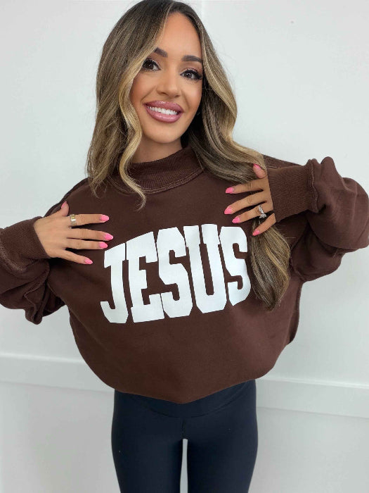 Tilly Jesus Reversible Oversized Mockneck Crew in Brown