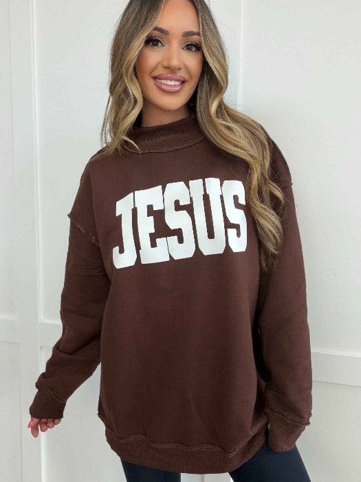 Tilly Jesus Reversible Oversized Mockneck Crew in Brown