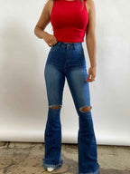 Farrah Denim Distressed High Waisted Flares – Medium Wash