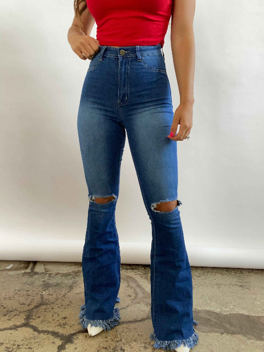 Farrah Denim Distressed High Waisted Flares – Medium Wash