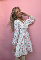 Sarina Lace Detail V-Neck Balloon Sleeve Dress featuring delicate lace accents, elegant balloon sleeves, a flattering V-neckline, and a flowy silhouette, perfect for weddings, bridal showers, church, and special occasions. Color Blush Pink