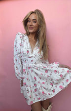 Sarina Lace Detail V-Neck Balloon Sleeve Dress featuring delicate lace accents, elegant balloon sleeves, a flattering V-neckline, and a flowy silhouette, perfect for weddings, bridal showers, church, and special occasions. Color Blush Pink