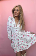 Sarina Lace Detail V-Neck Balloon Sleeve Dress featuring delicate lace accents, elegant balloon sleeves, a flattering V-neckline, and a flowy silhouette, perfect for weddings, bridal showers, church, and special occasions. Color Blush Pink