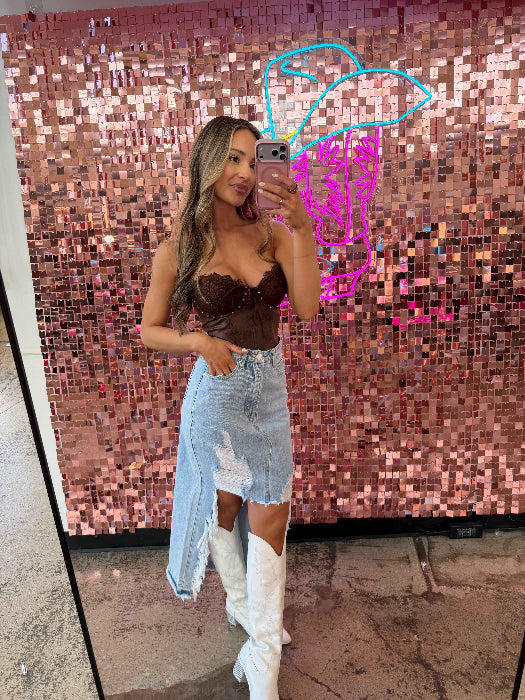 Harper Heavily Distressed Denim Maxi Skirt – High Slit