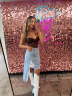 Harper Heavily Distressed Denim Maxi Skirt – High Slit