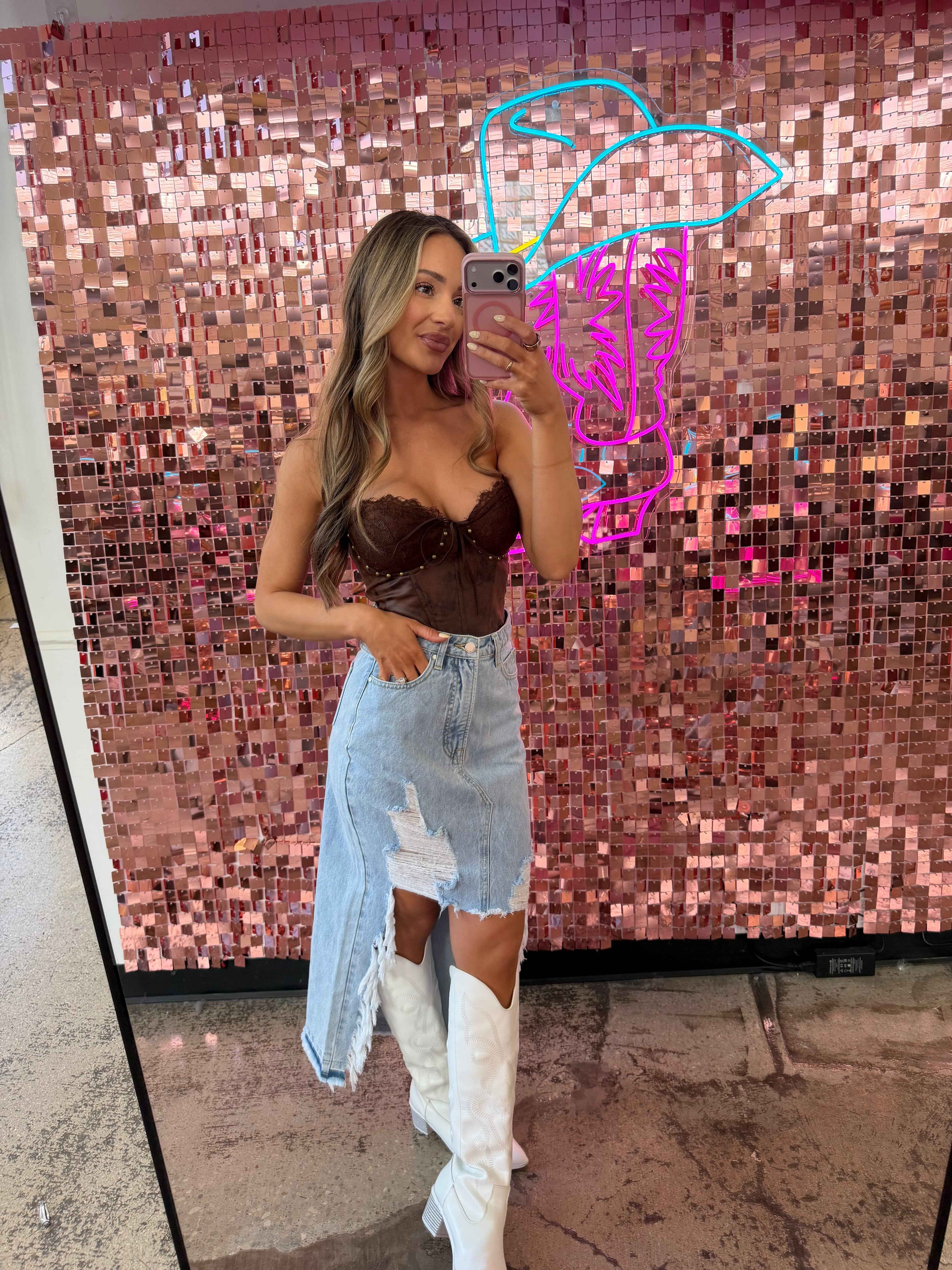 Harper Heavily Distressed Denim Maxi Skirt – High Slit