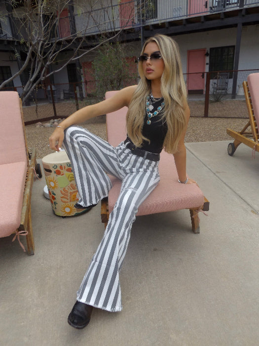 Farrah Striped Flare Jeans in Silver