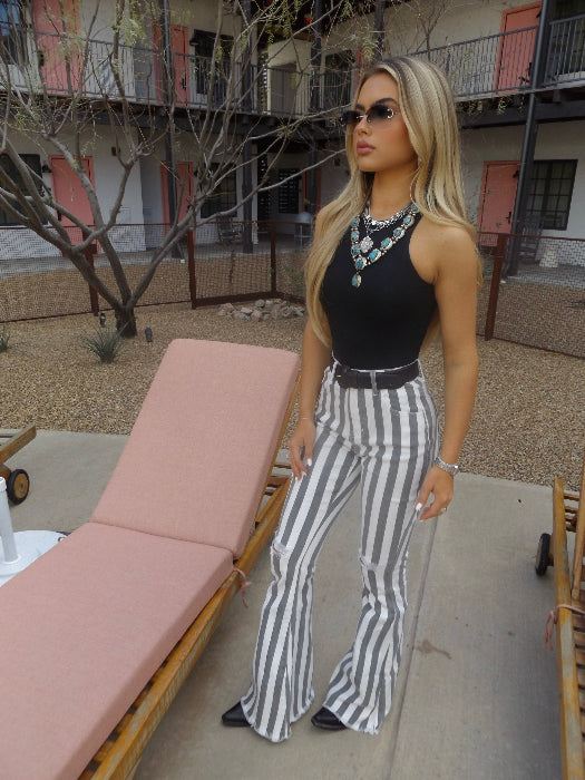 Farrah Striped Flare Jeans in Silver