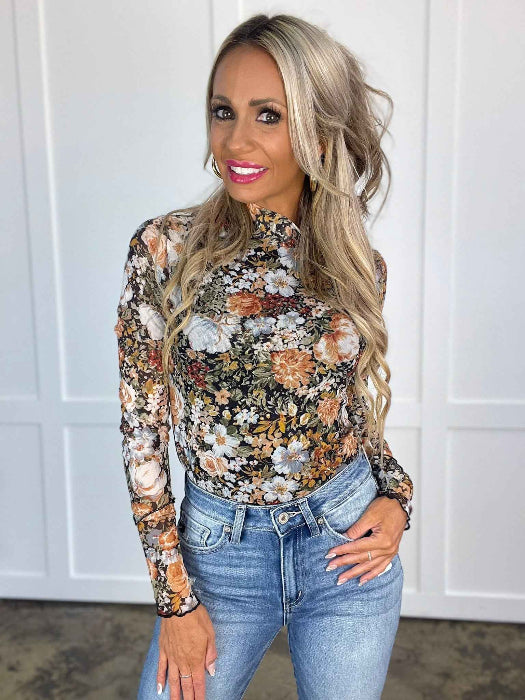 Floral Mesh Long Sleeve Top in black