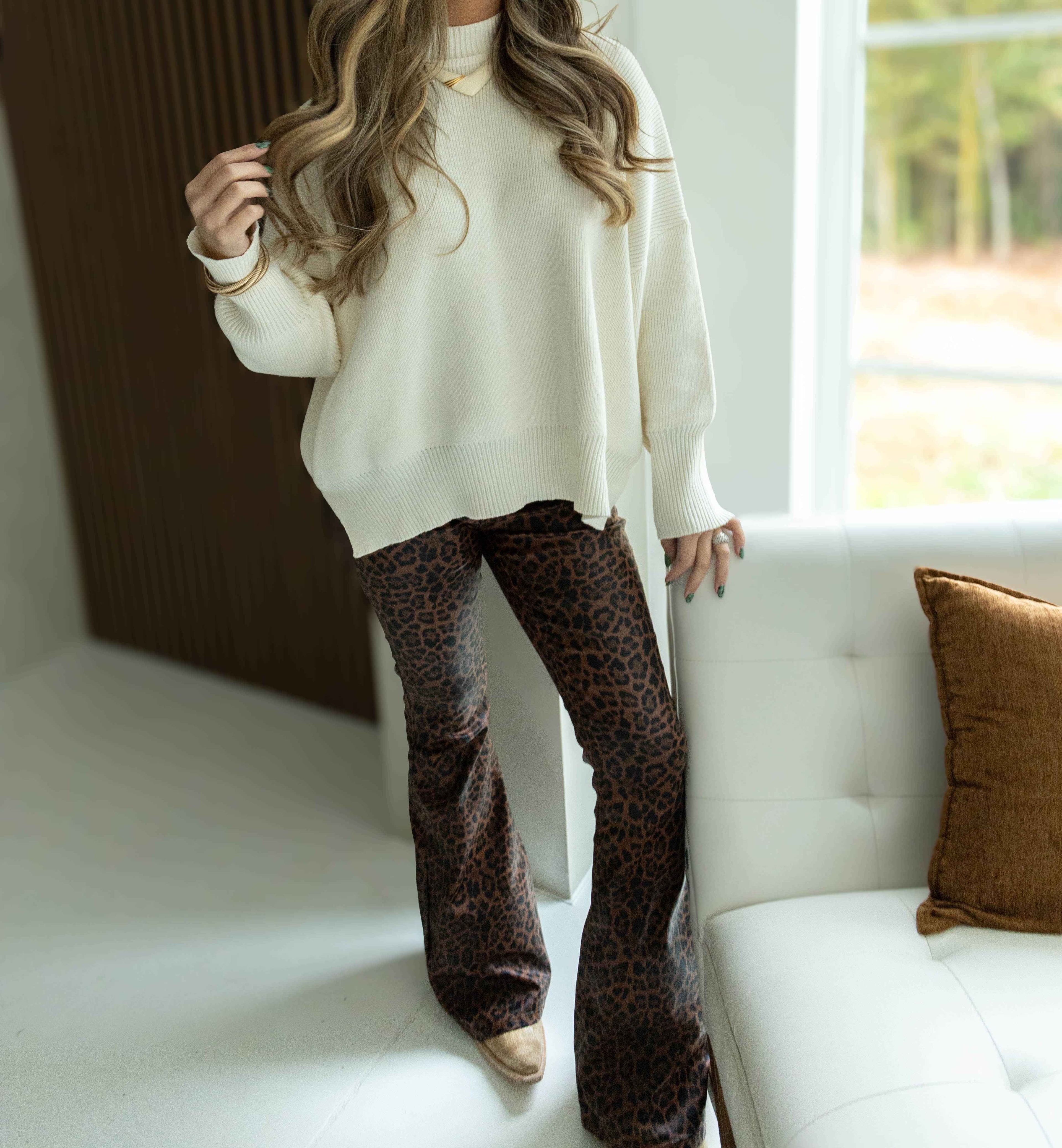 Fiona High Waisted Bell Bottom Flare Jeans - Desert Brown Leopard