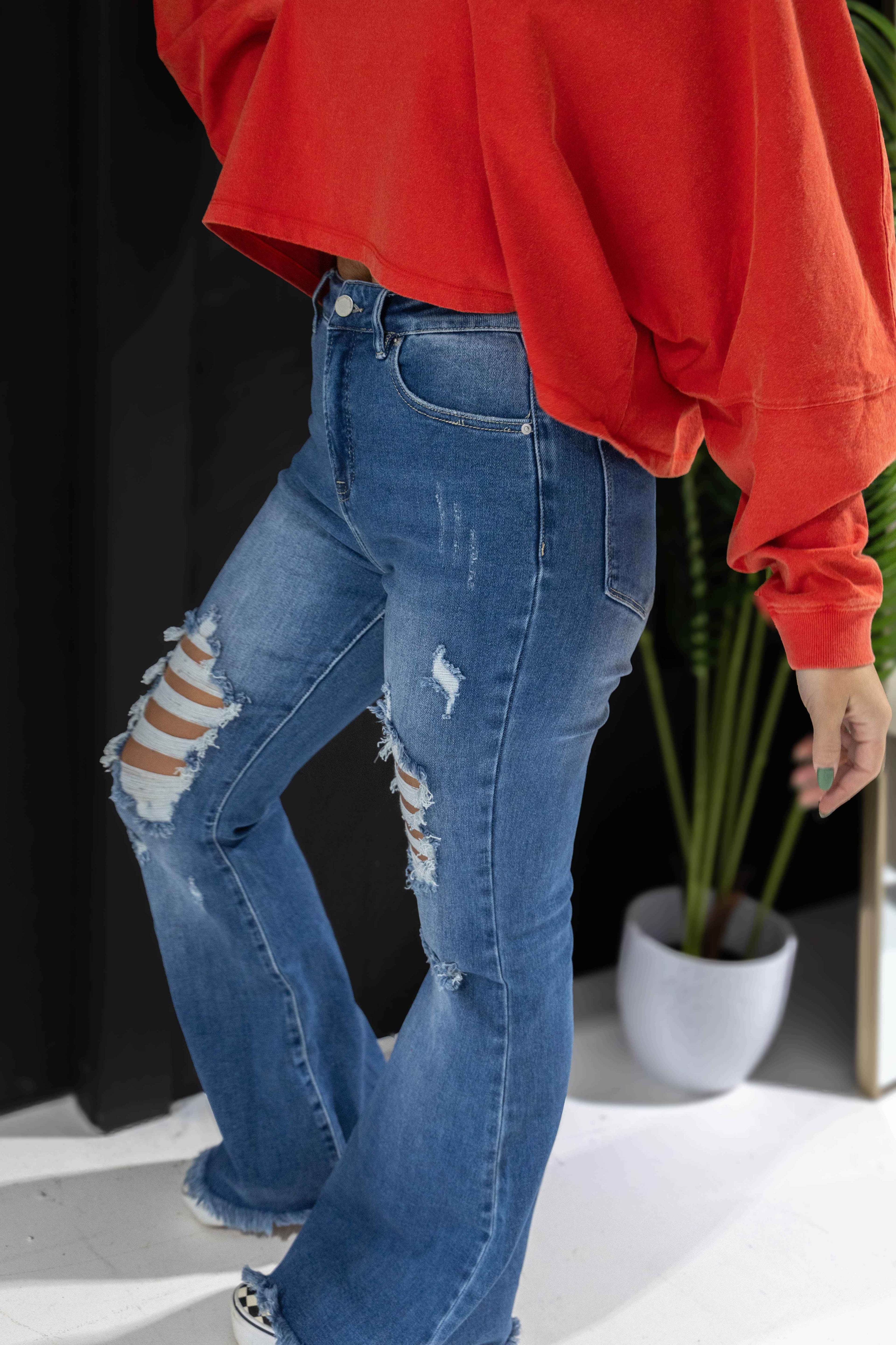 Viral Lainey Tummy Control Flare Jeans – High Waisted Distressed Denim