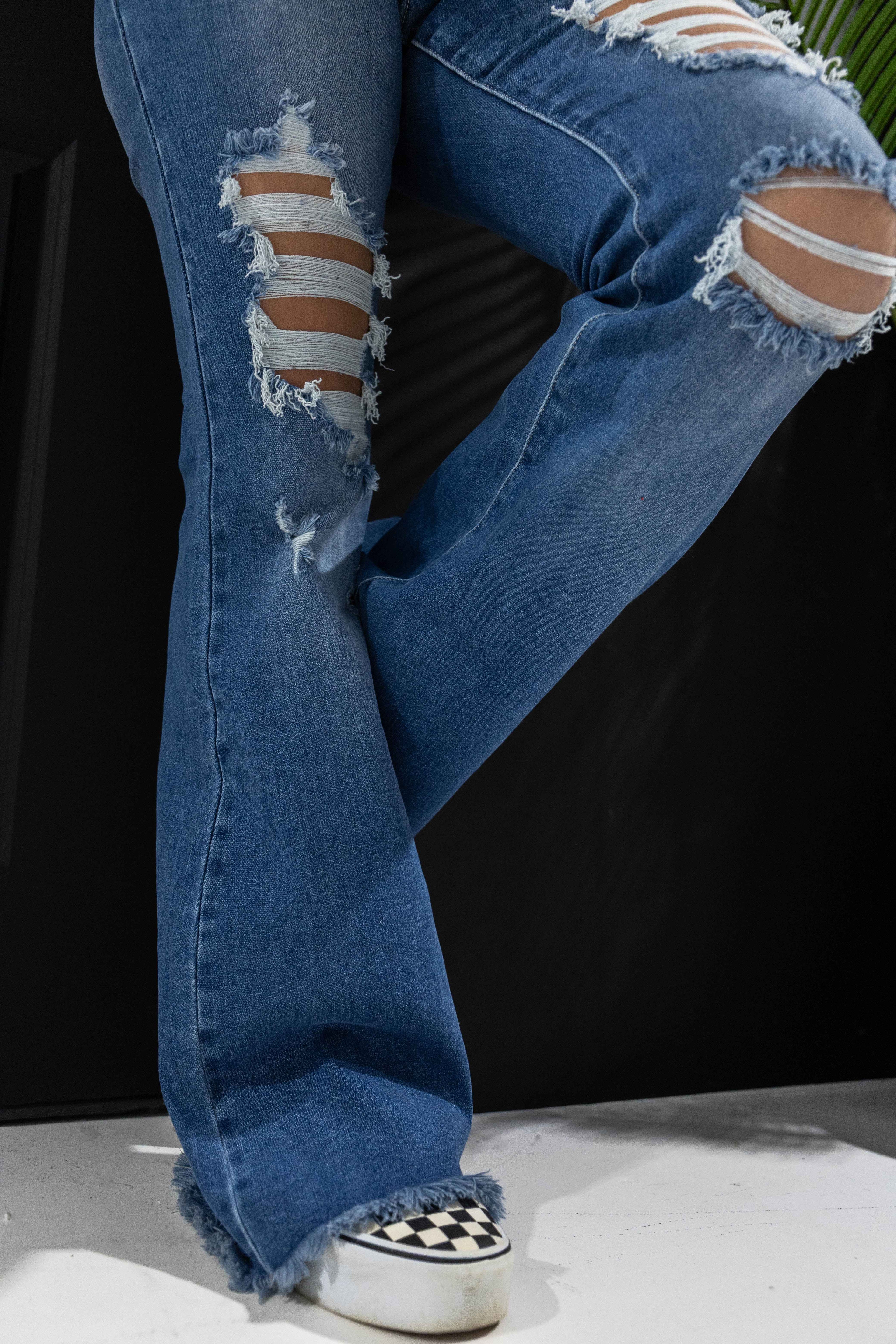 Viral Lainey Tummy Control Flare Jeans – High Waisted Distressed Denim