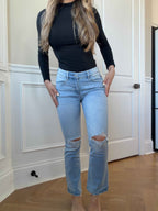 Mid Rise Kick Flare Jeans – Distressed Straight Leg Denim