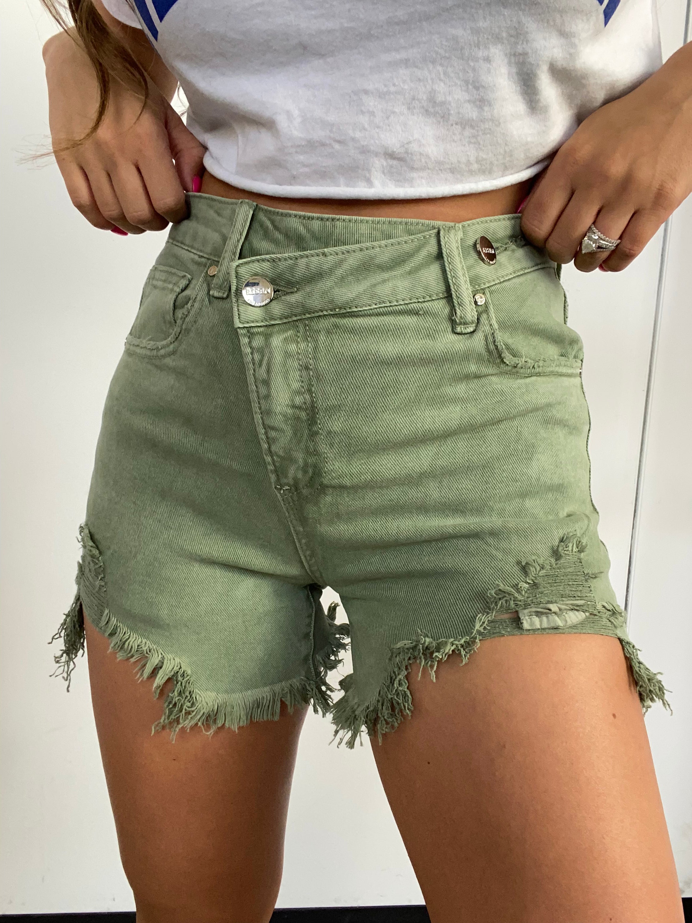 Lindsey Asymmetrical Distressed Shorts – Olive Green