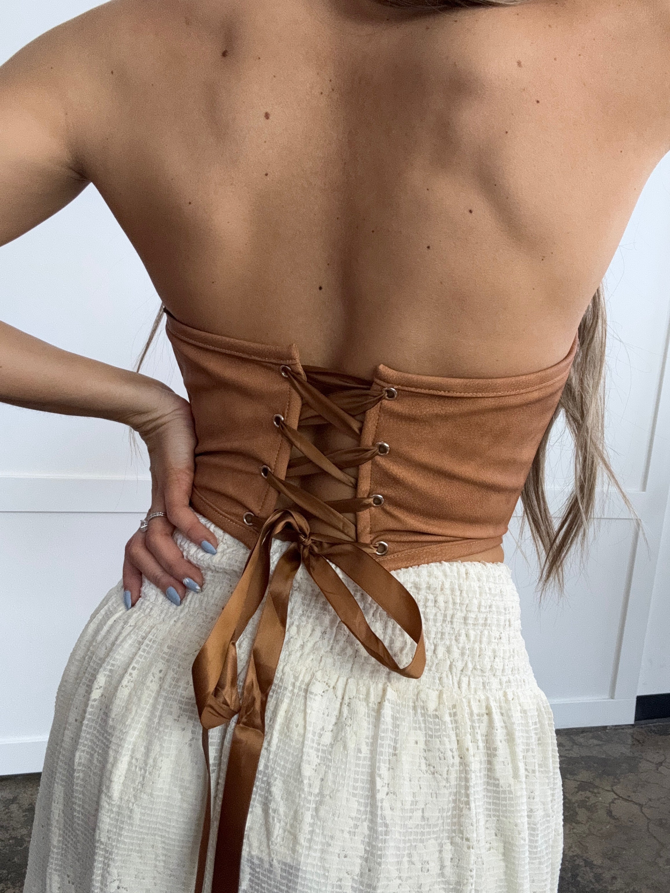 Glendora Distressed Leather Corset Top – Western Lace Up