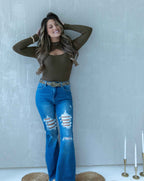 Viral Lainey Tummy Control Flare Jeans – High Waisted Distressed Denim