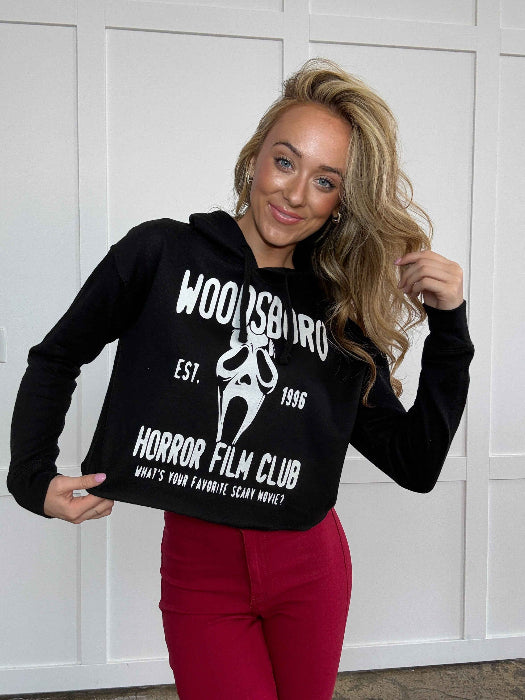 Woodsboro Horror Film Club Graphic Cropped Hoodie in Black