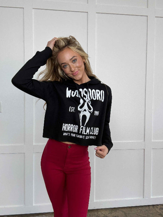 Woodsboro Horror Film Club Graphic Cropped Hoodie in Black