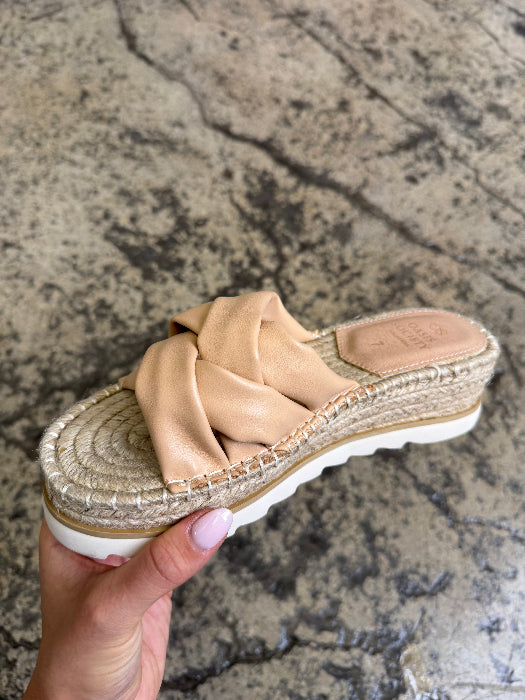 Rebel Platform Cross Strap Sandals in Beige