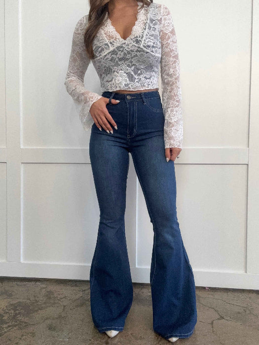 Fiona High Waisted Bell Bottom Flare Jeans – Medium Wash Denim