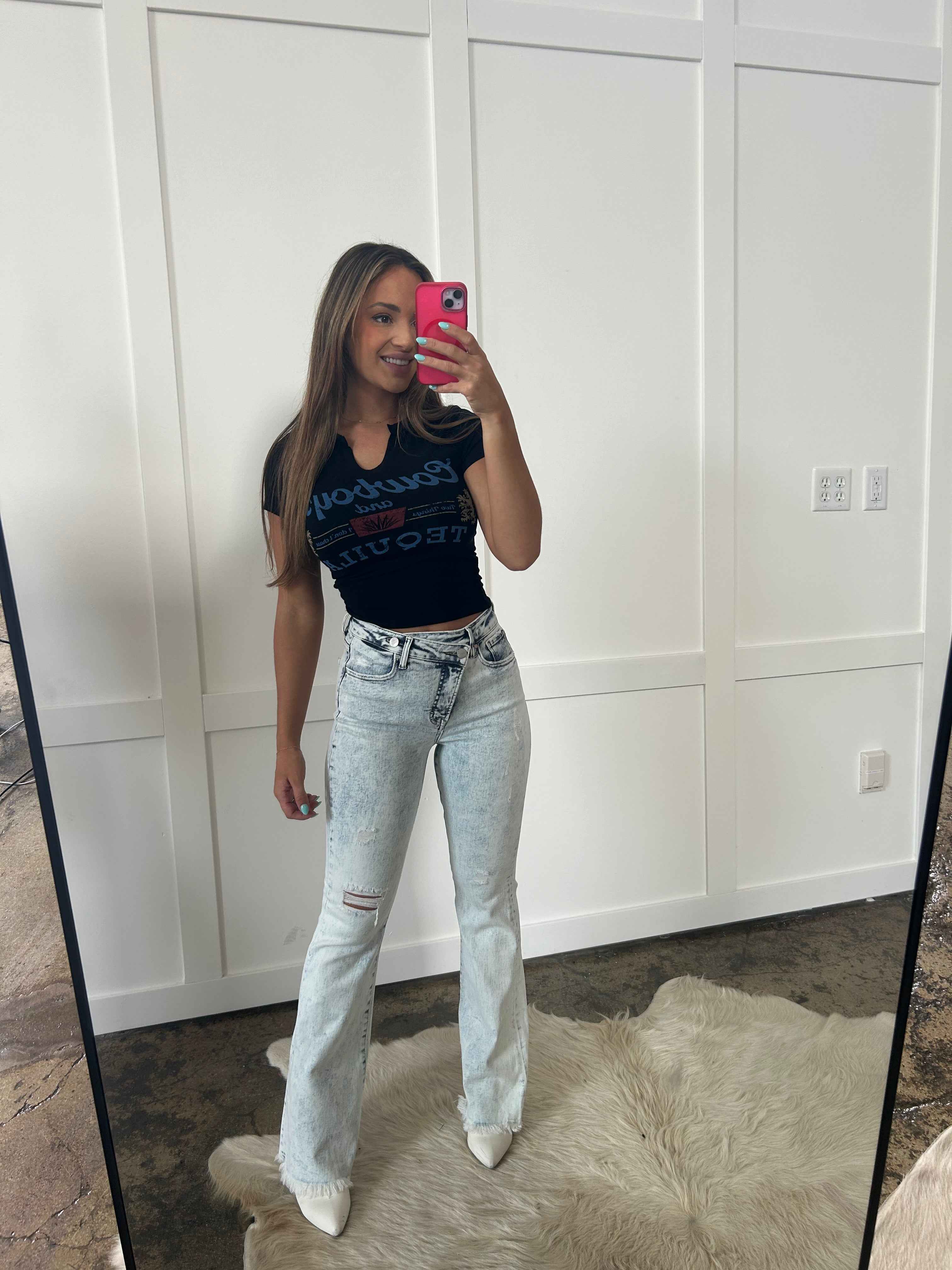 Lucy Asymmetrical Distressed Flare Jeans – High Waisted Viral Denim