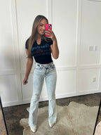 Lucy Asymmetrical Distressed Flare Jeans – High Waisted Viral Denim