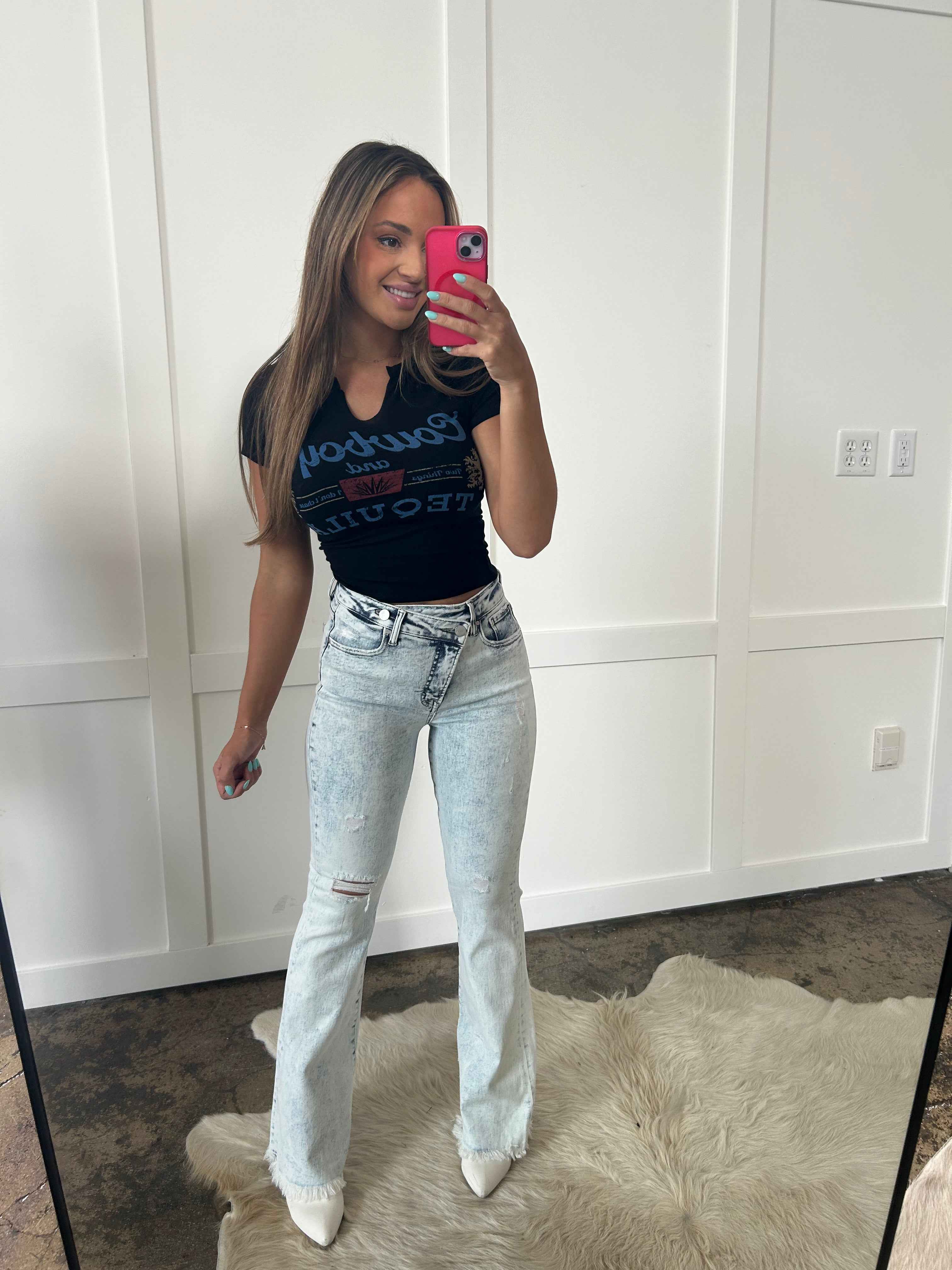 Lucy Asymmetrical Distressed Flare Jeans – High Waisted Viral Denim