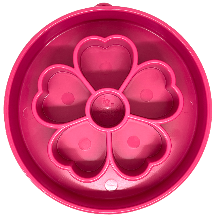 SodaPup Flower eBowl deep slow feeder dog bowl with flower-shaped enrichment ridges, available in pink or purple for medium and large dogs.